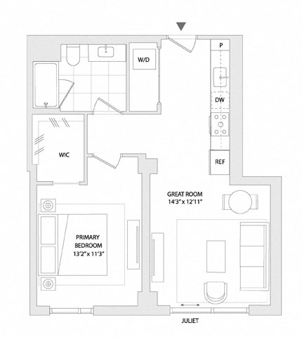 Floor plan for 1 bed, 1 bath, 653 sqft